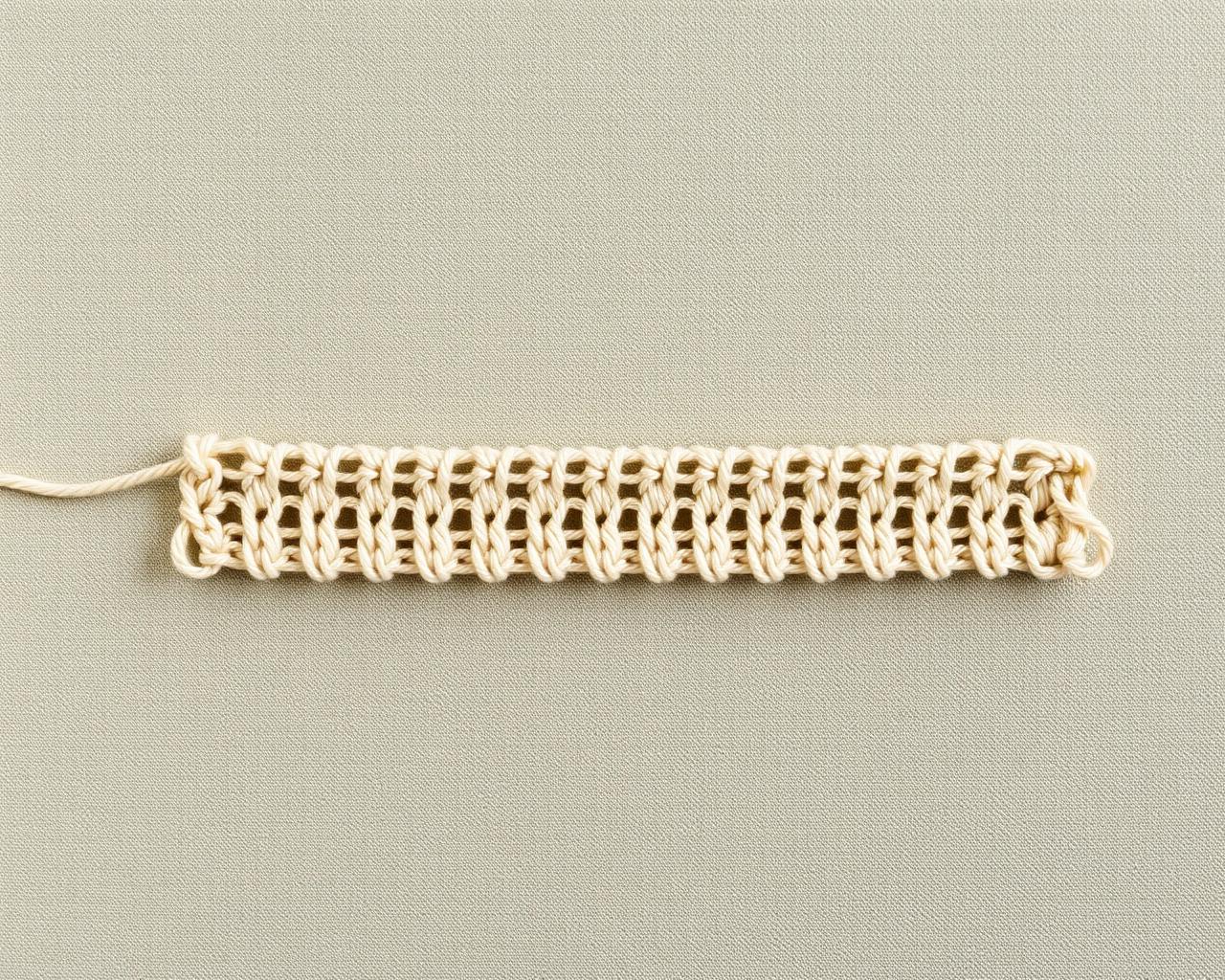 A neat row of even crochet stitches in cream yarn